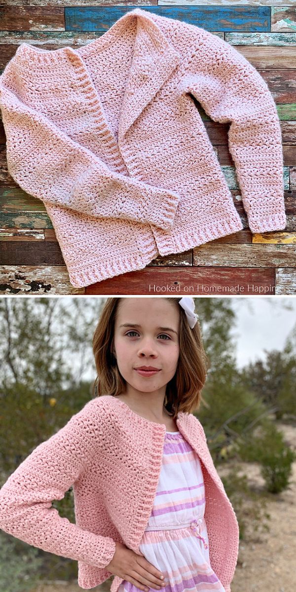 A girl wearing a pink crochet cardigan.