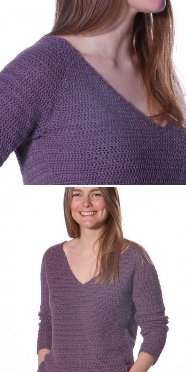 purple crochet sweater with V-neck style
