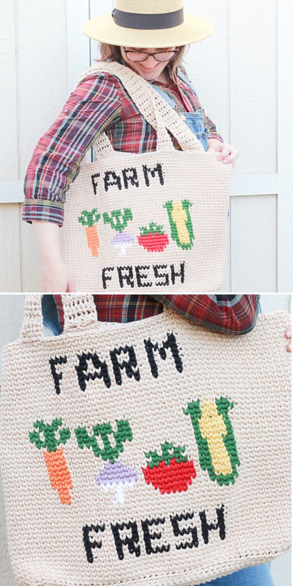 A person holding a crocheted bag.