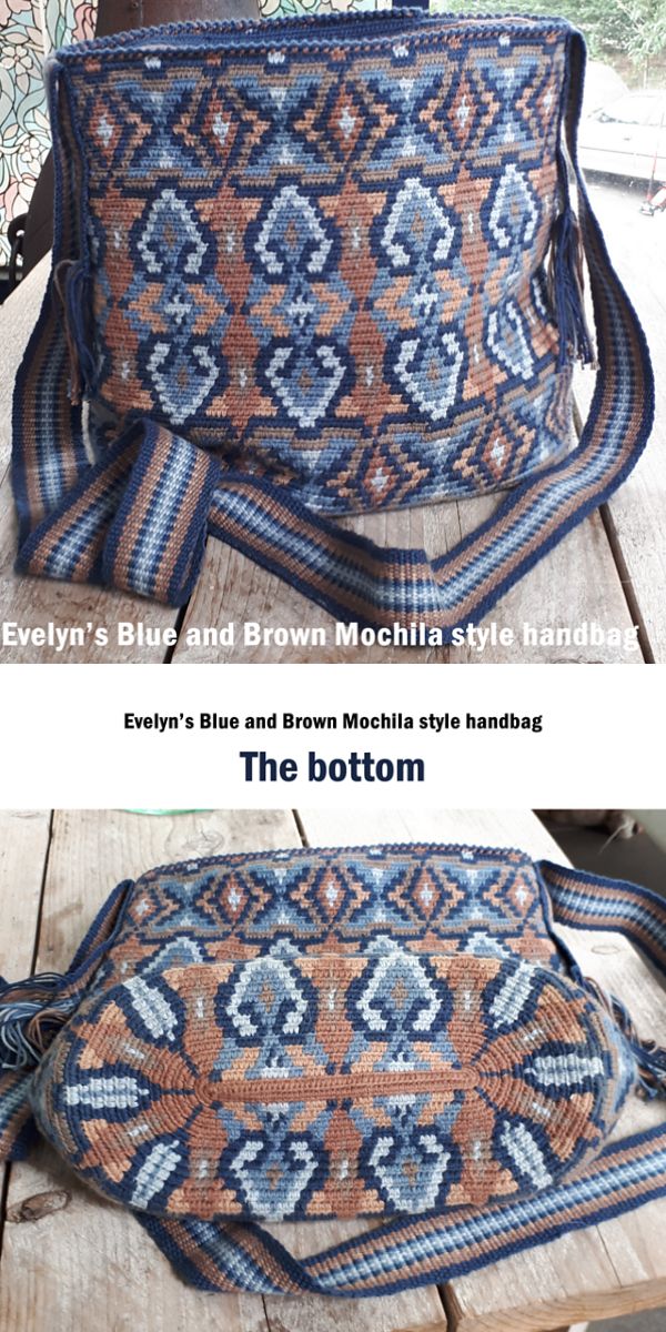 A crochet bag with a blue and brown color scheme.