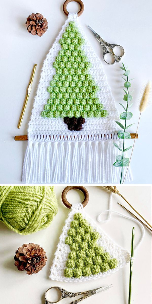 Two pictures of a crocheted Christmas tree wall hanging.
