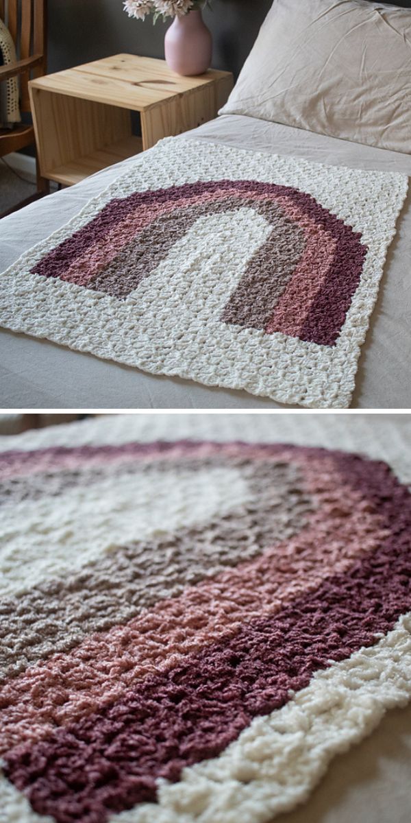 A crocheted blanket on a bed.
