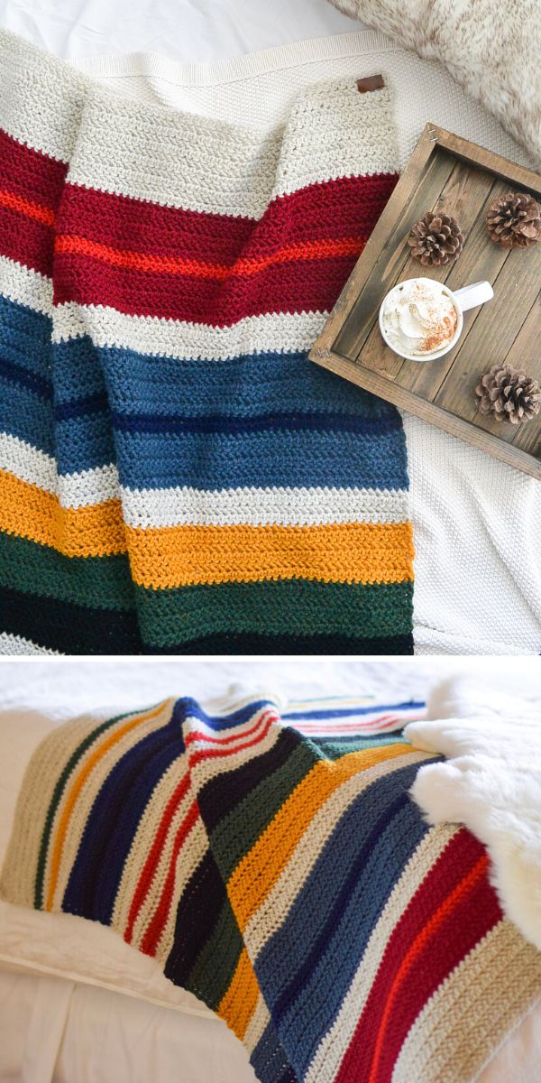 Crochet blankets and pillows on a bed.