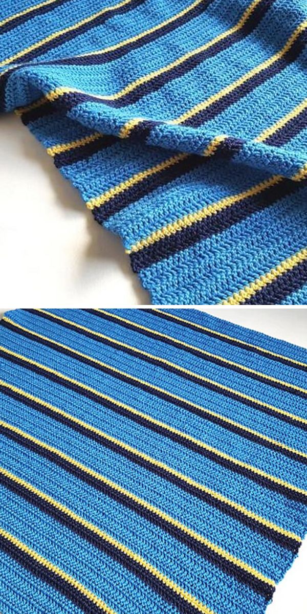 Two pictures of a blue and yellow striped crochet baby romper blanket.