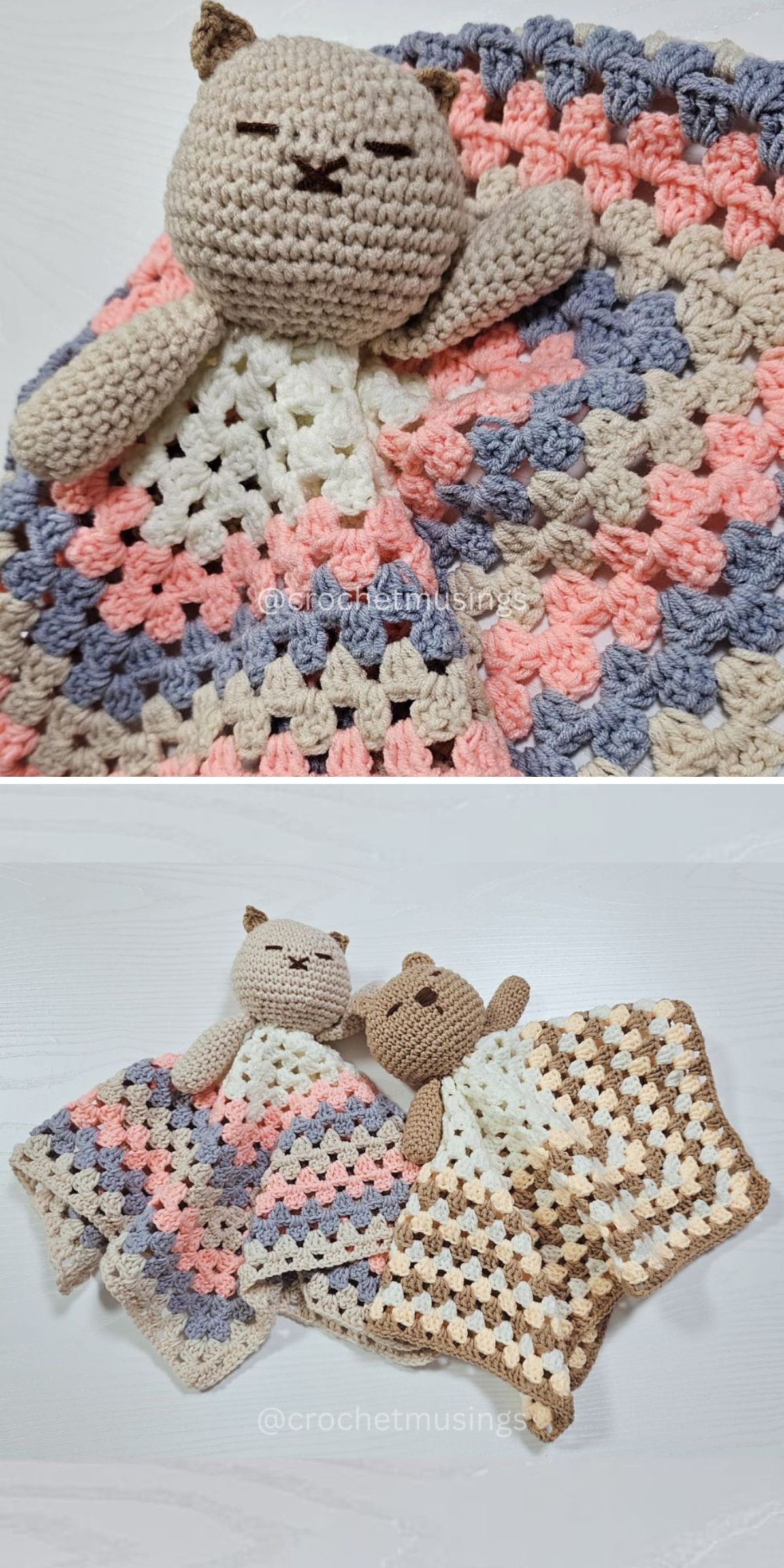 two crochet baby loveys with amigurumi cat and bear tops