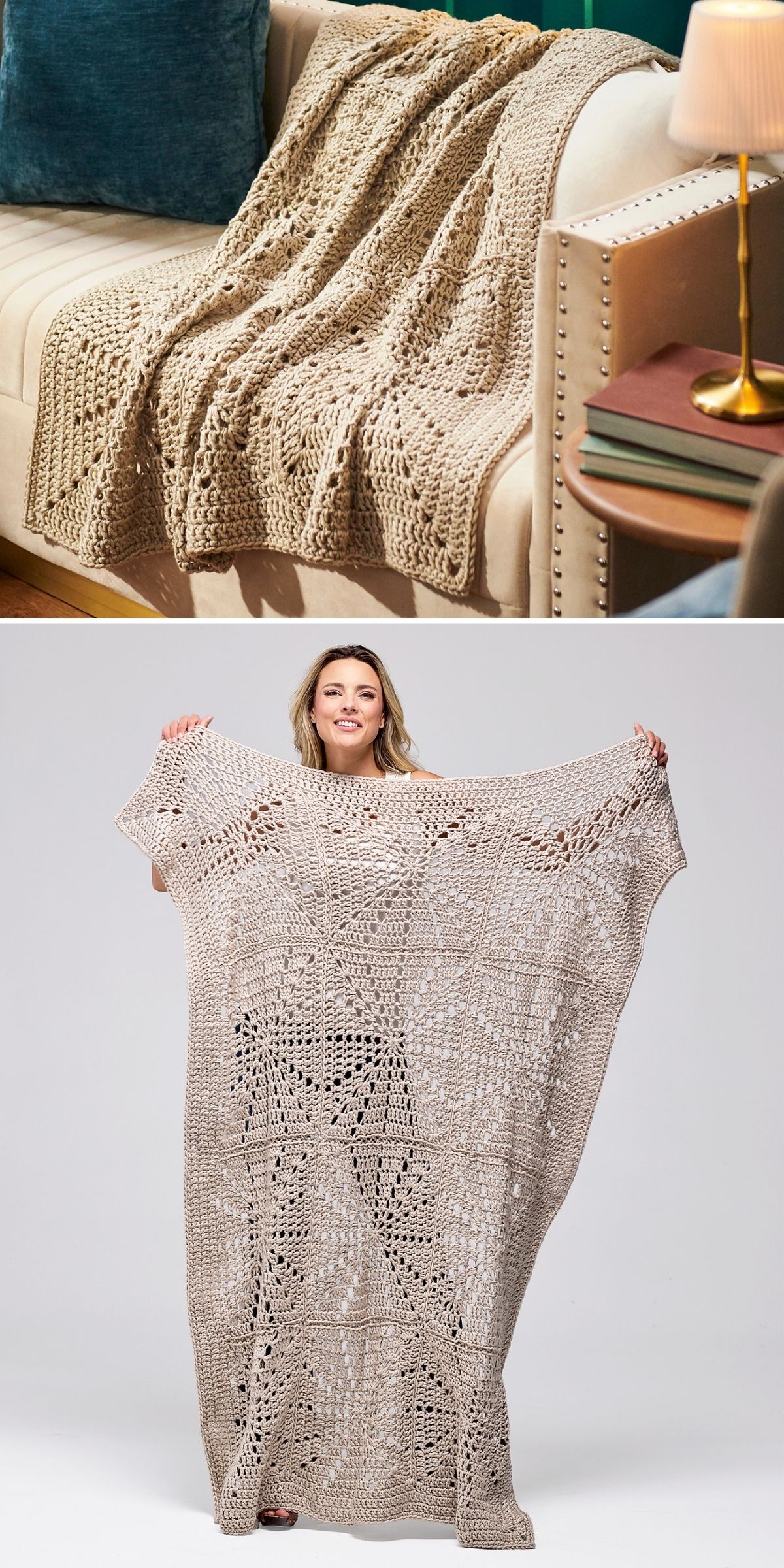 A beige filet crochet blanket draped over a sofa and also held up by a person, showing its size and intricate pattern.