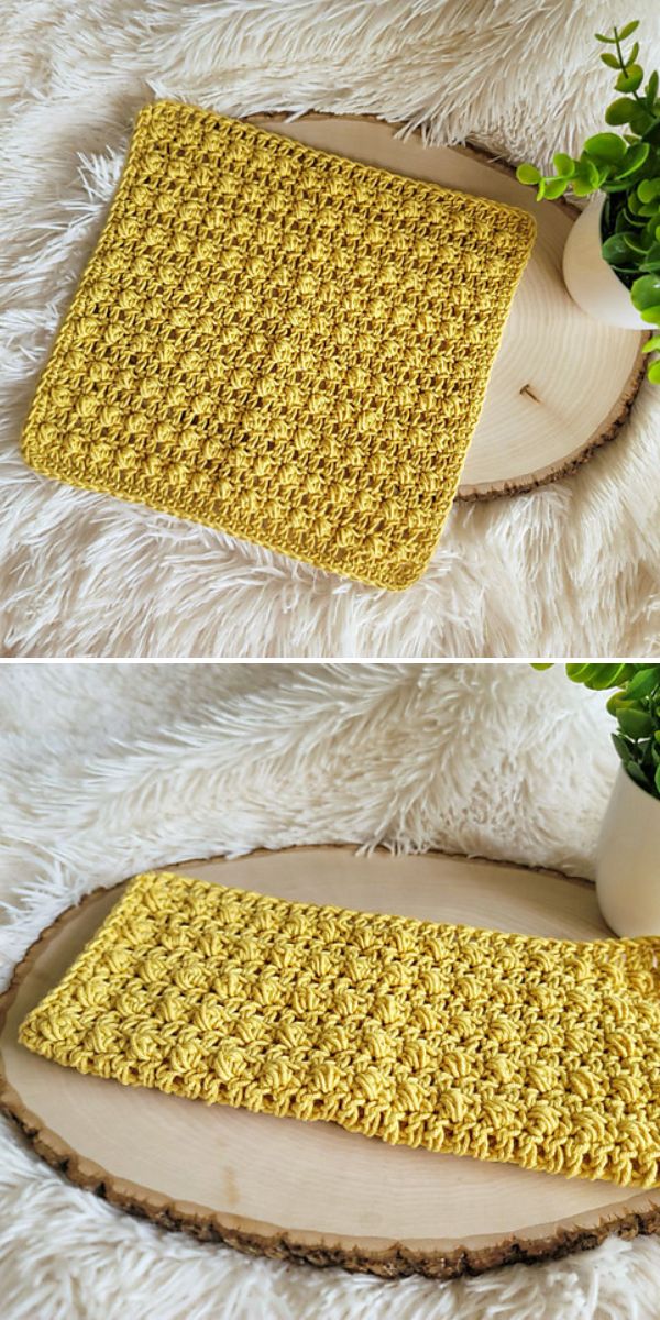 Two pictures of a crocheted dishcloth.