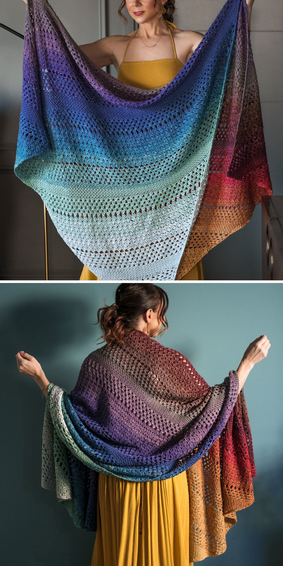 A woman in a yellow dress displays a large, triangular crochet shawl with a gradient pattern reminiscent of colorful crochet throws in shades of blue, green, purple, and rust.