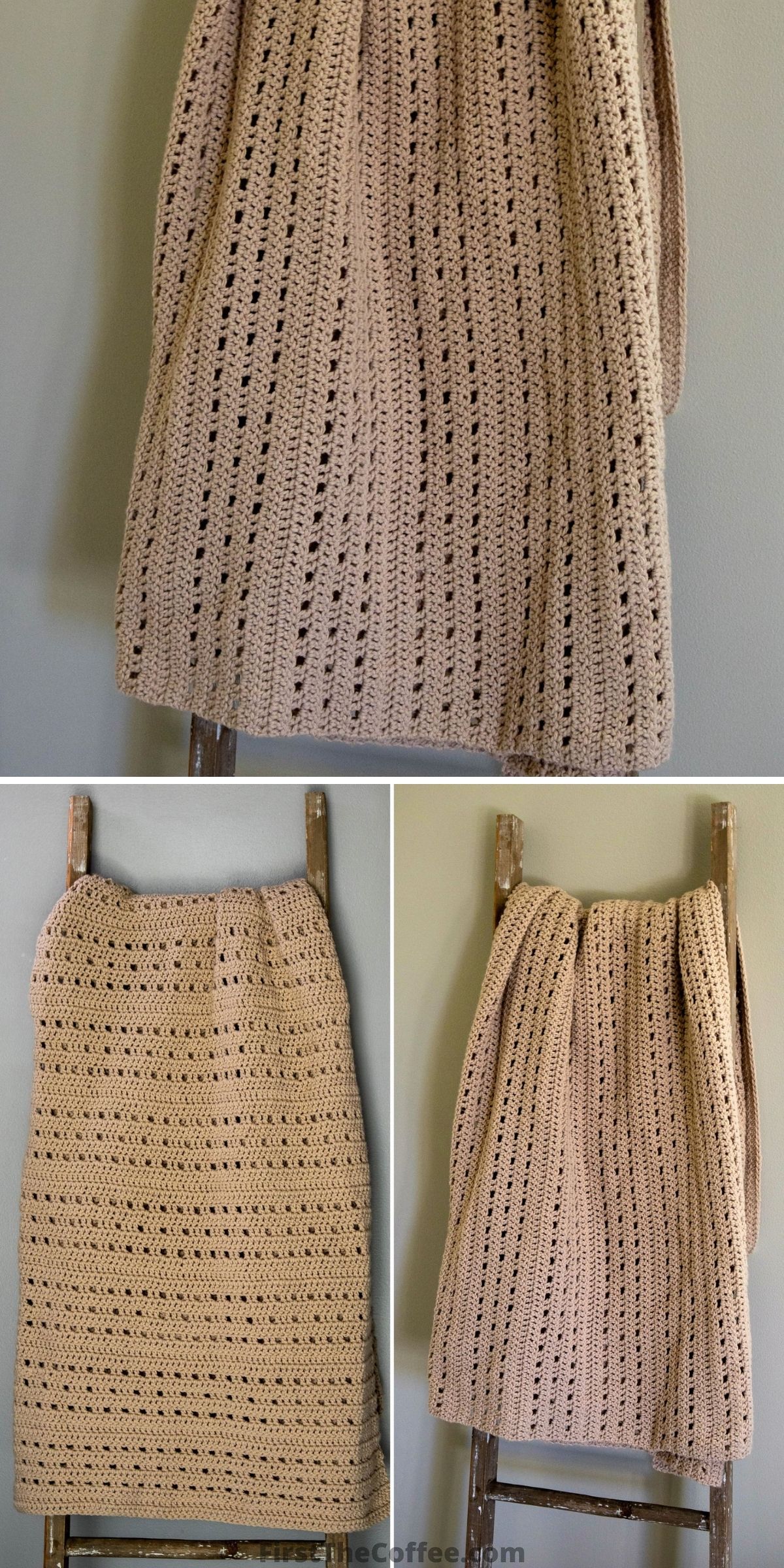 Three views of a beige filet crochet blanket with a striped, openwork pattern, displayed hanging on a wall and draped over a wooden ladder.