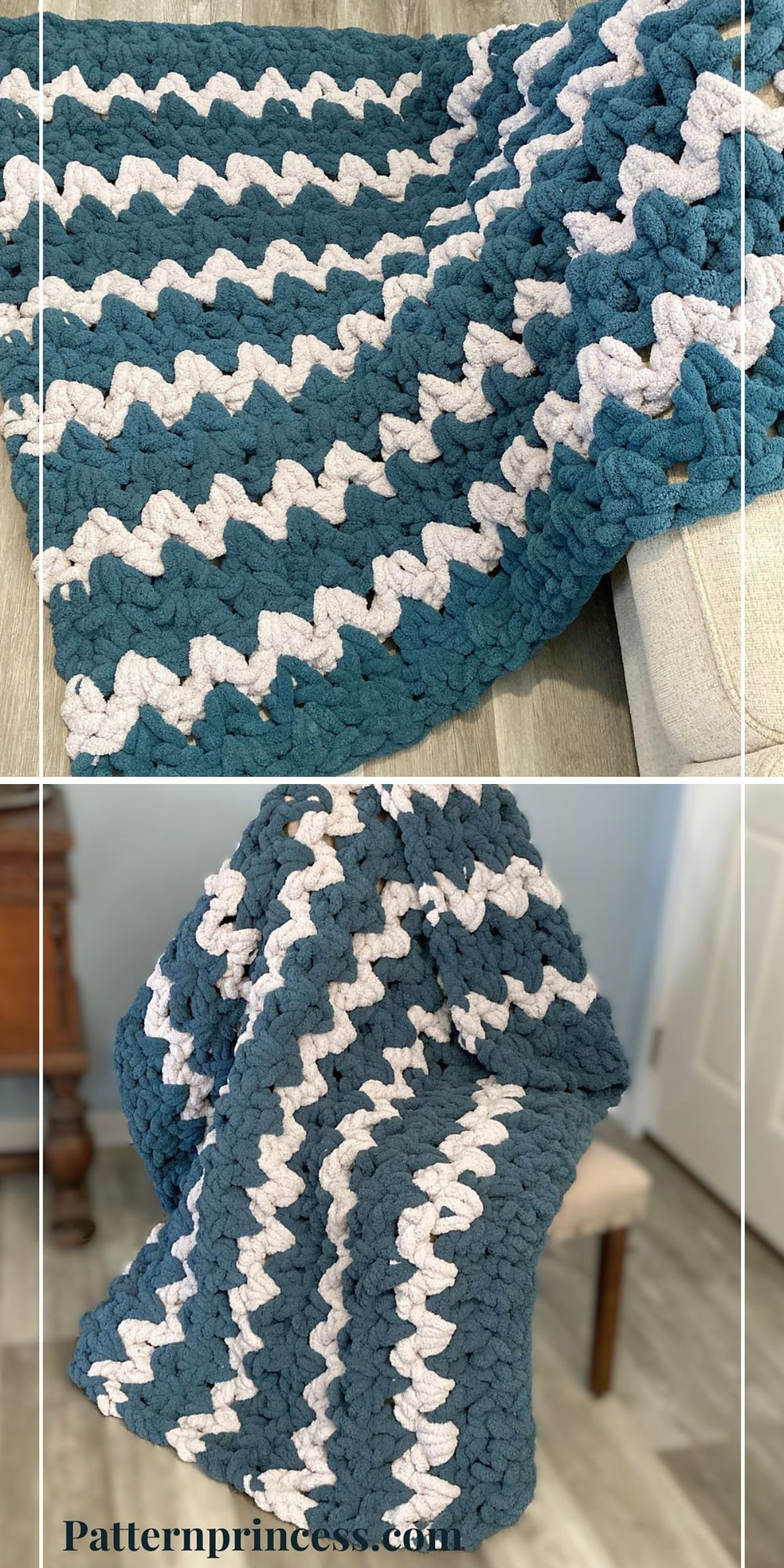 A plush crochet blanket with a blue and white zigzag pattern is draped over a sofa, showcasing its texture and design—perfect for those who love cozy crochet throws.