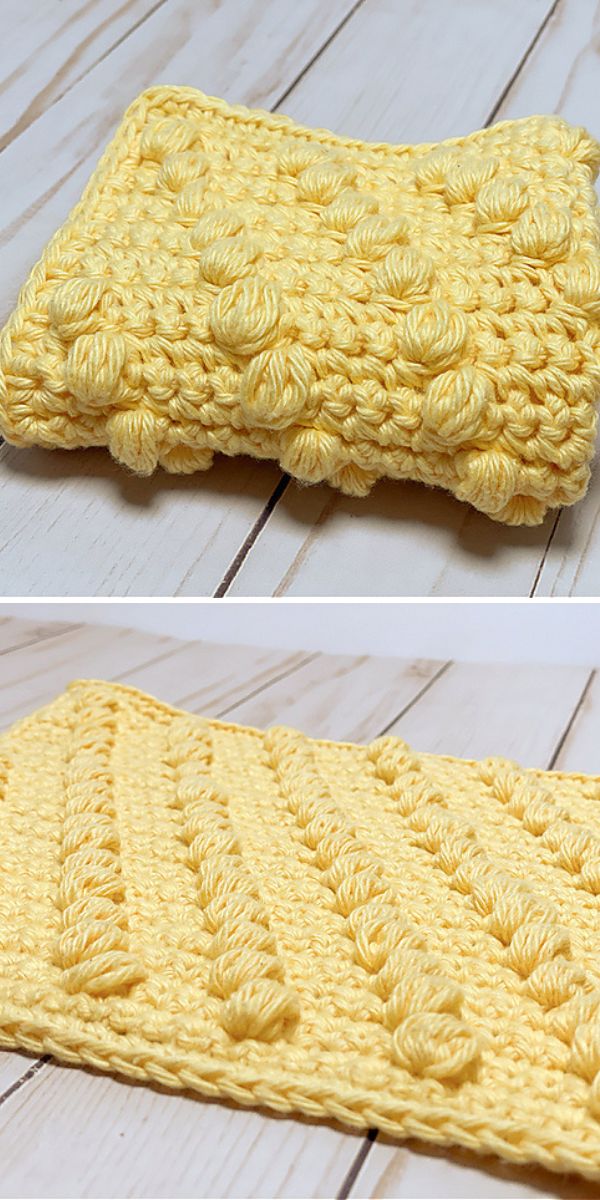 A yellow crocheted blanket.