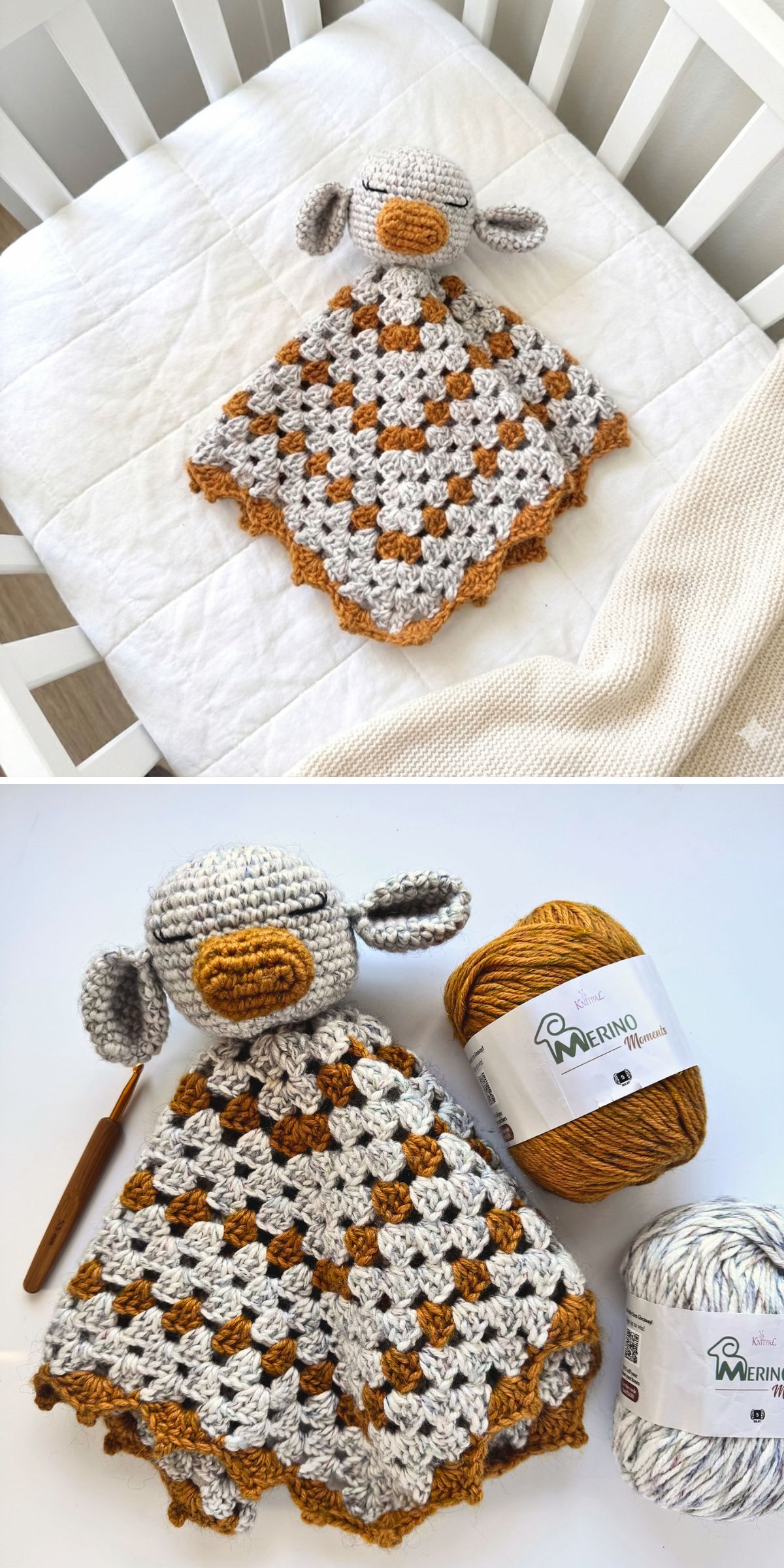 a crochet lovey with an amigurumi cow head