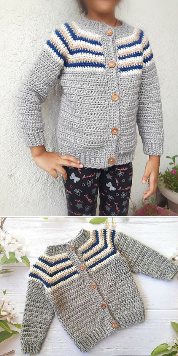 A child wears a gray crocheted cardigan with white and blue stripes, wooden buttons, and a cozy pocket scarf. Second image shows the cardigan and laid flat on a white surface.