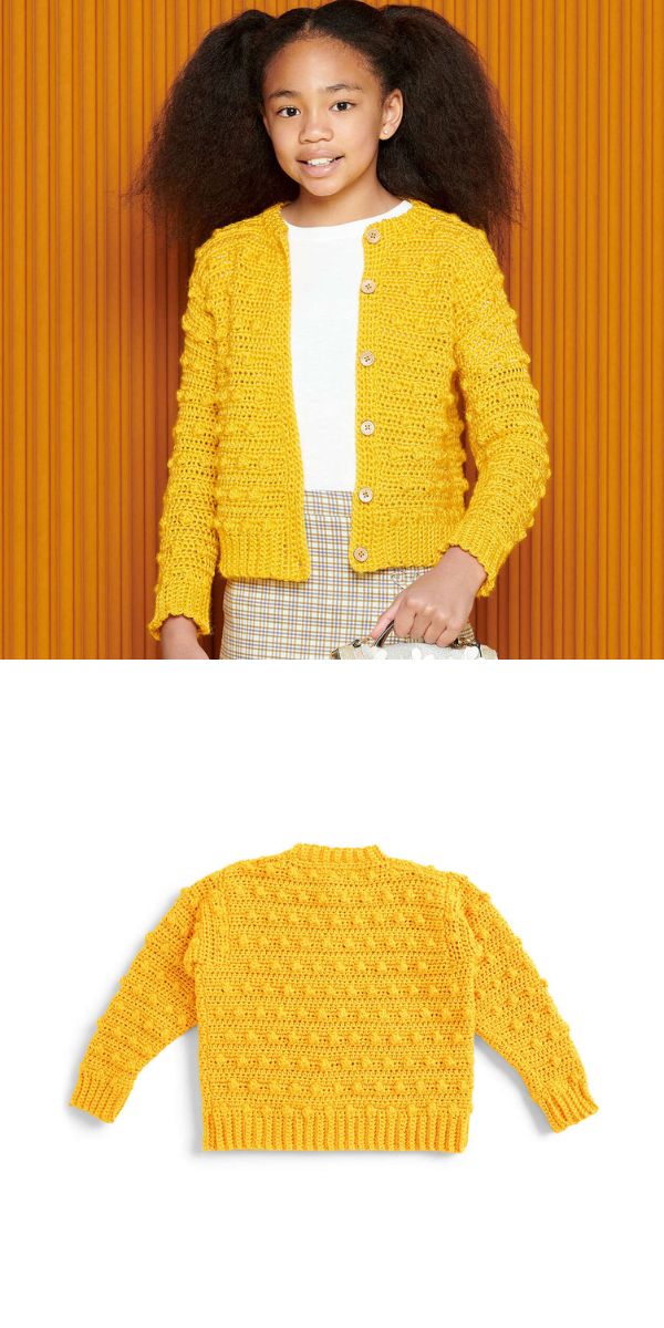 A girl wearing a yellow textured crochet cardigan over a white shirt, styled effortlessly with a cozy pocket scarf; the second image shows the cardigan laid flat from the back.