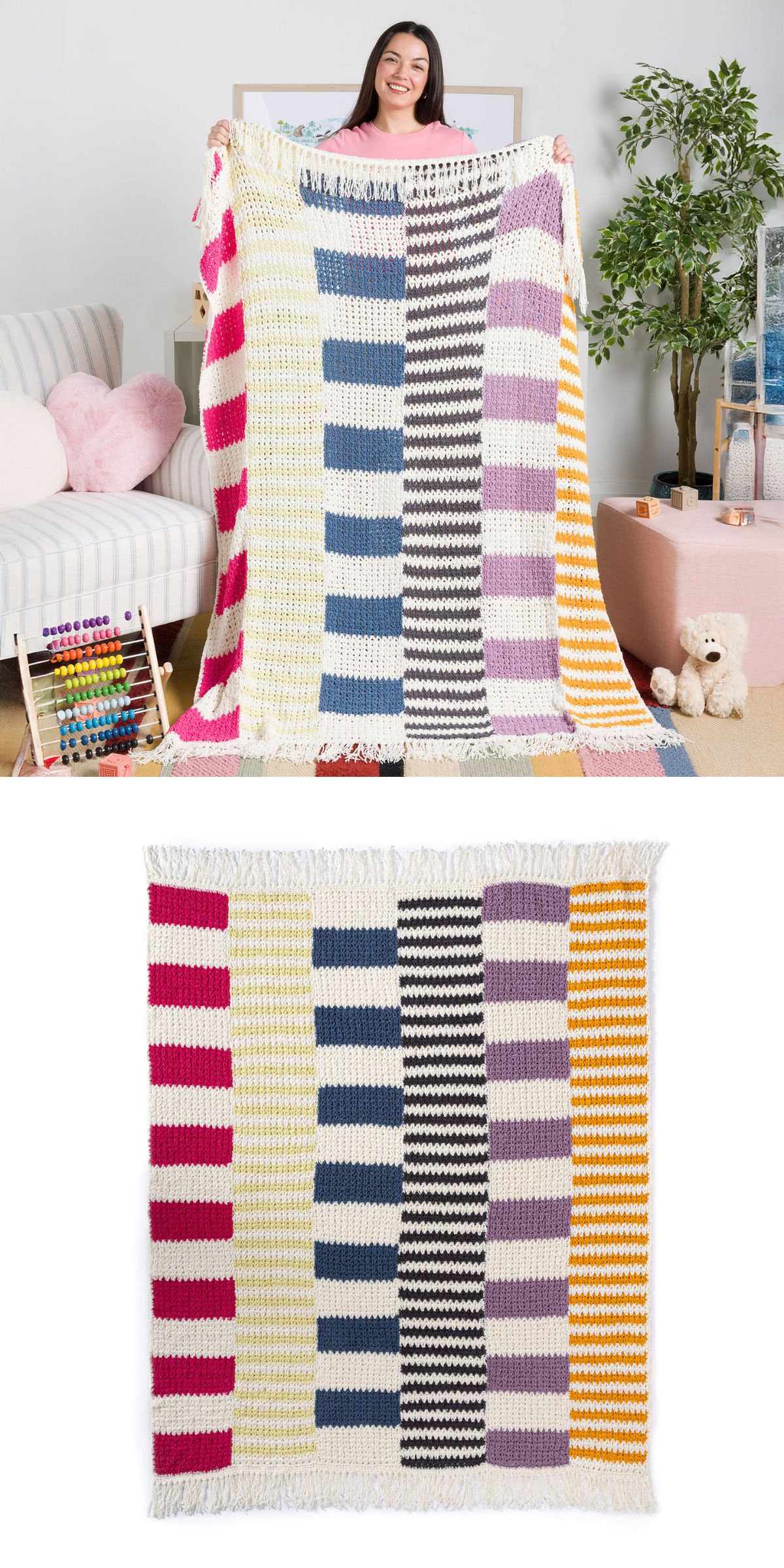 A person holds a large striped crochet blanket; below, the crochet throw is displayed flat, showing vertical columns of colored stripes on a white background.