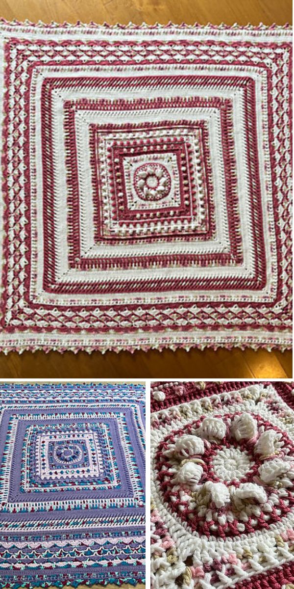Three crocheted square blankets with intricate geometric patterns in different color combinations—including burgundy and cream, purple and teal—showcase the beautiful craftsmanship of crochet throws, with a close-up highlighting the textured stitching.