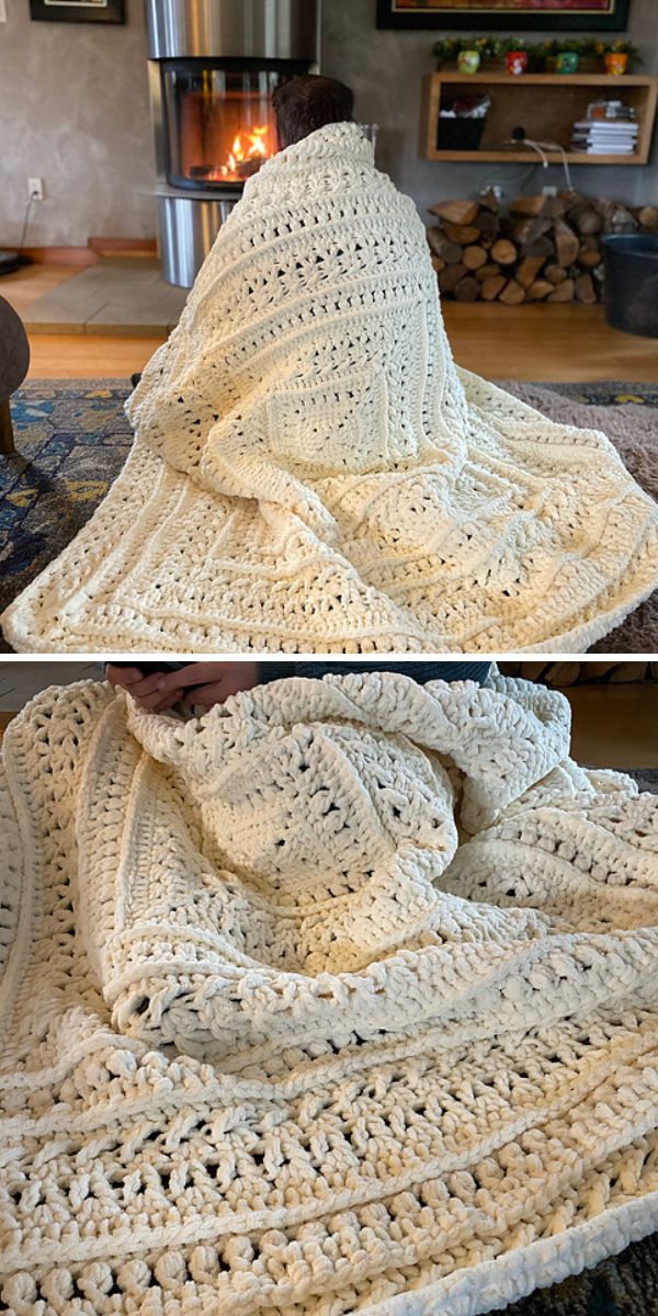 A person sits on the floor wrapped in a large, cream-colored crocheted blanket near a fireplace; a close-up shows the crochet throw’s detailed texture and pattern.