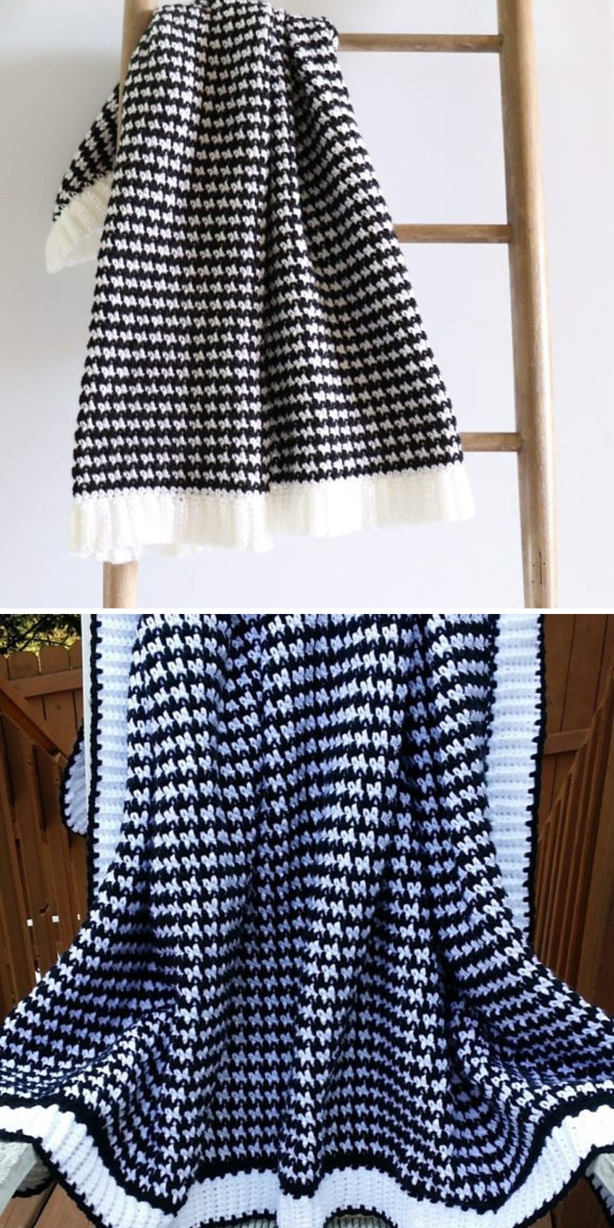 Two black and white crochet throws with striking geometric patterns are draped over a wooden ladder and a wooden railing.