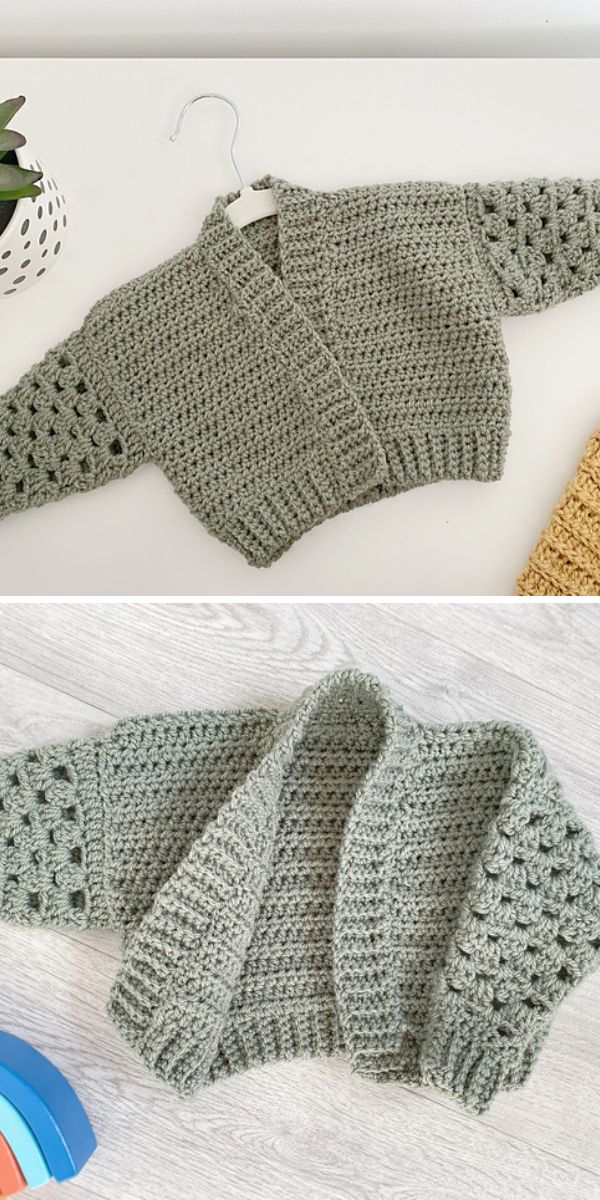 Two pictures of a green crocheted jacket.