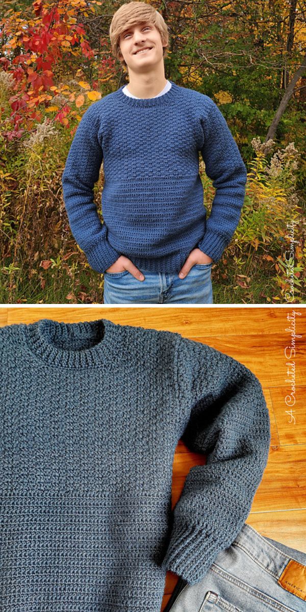 A man wearing a blue crochet sweater.