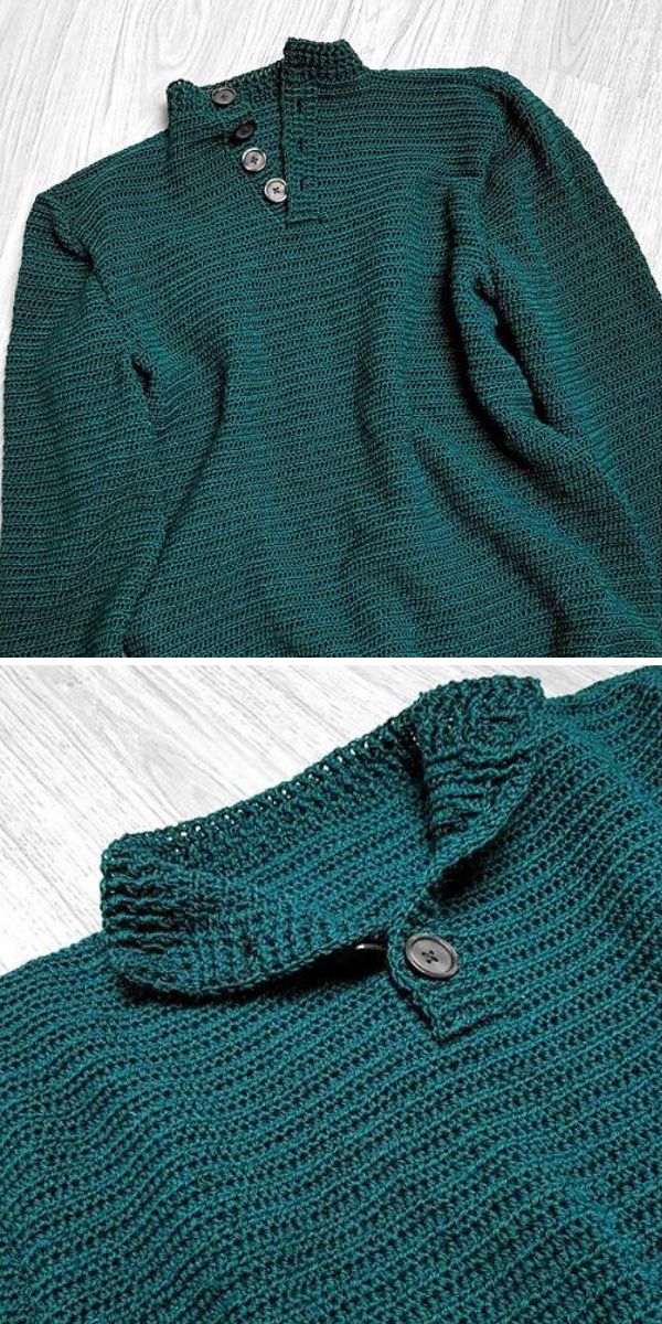 A close up of a men's crochet sweater.