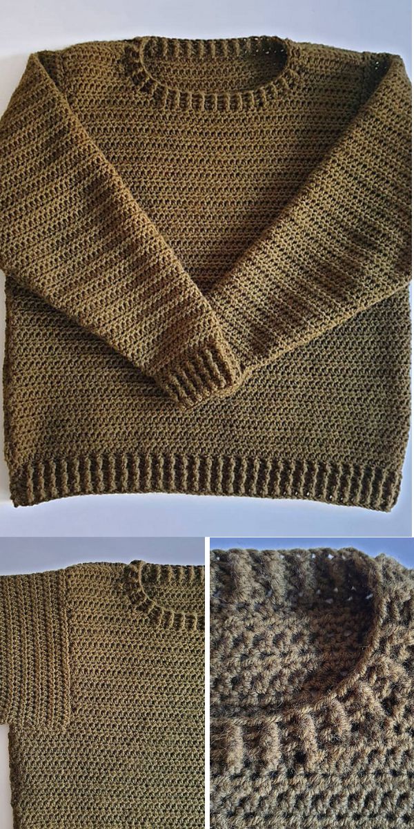 Handmade brown crochet sweater with ribbed cuffs, neck, and hem, displayed flat with close-up views of the sleeve and neckline details — an ideal choice for those who appreciate the classic craftsmanship found in crochet men sweaters.