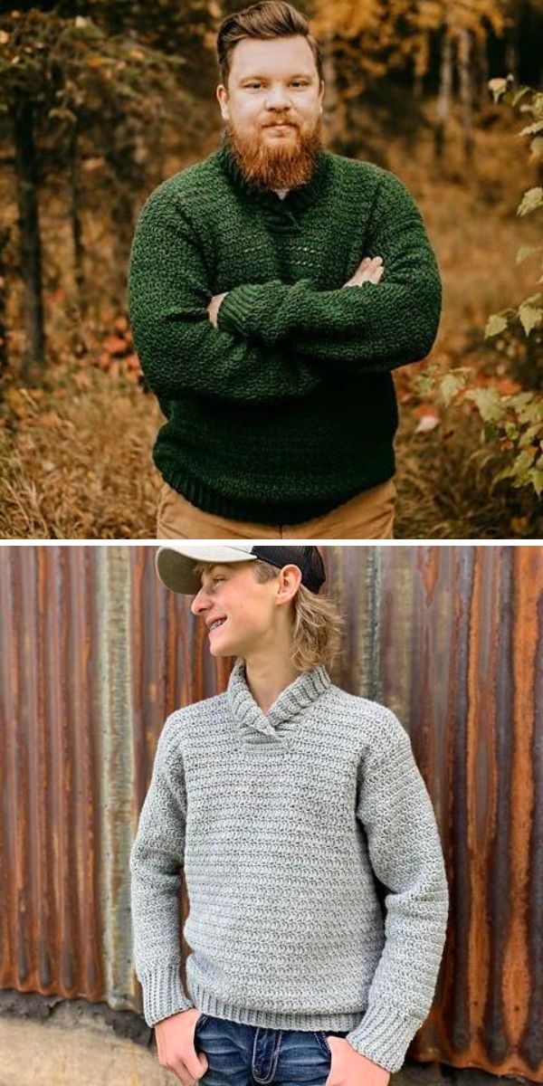 A collage of a man in a crochet sweater with his arms crossed.