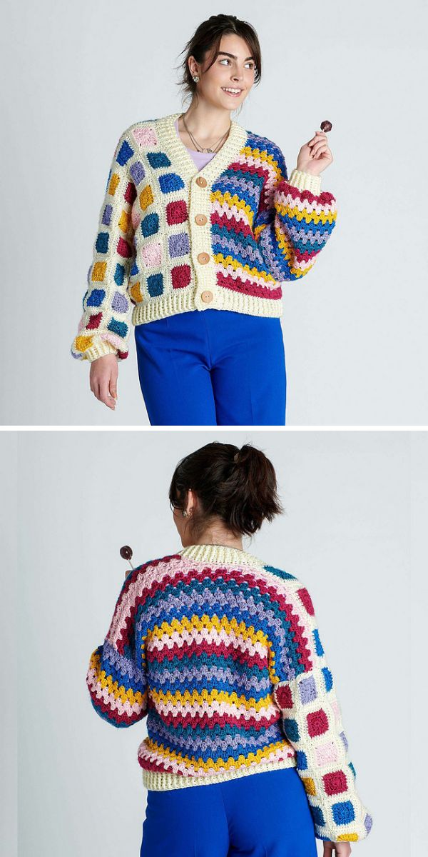 A woman wearing a granny square cardigan.
