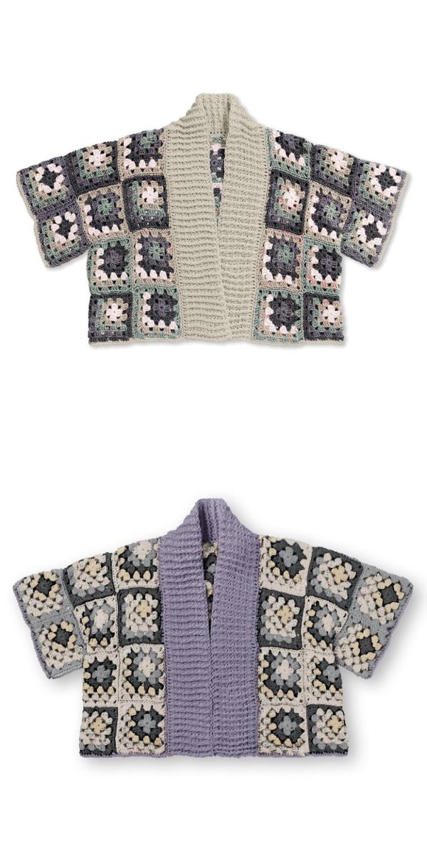 Granny square cardigan in purple and grey.