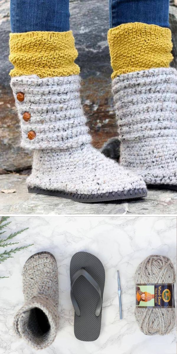 A pair of crocheted slippers and a pair of flip flops.