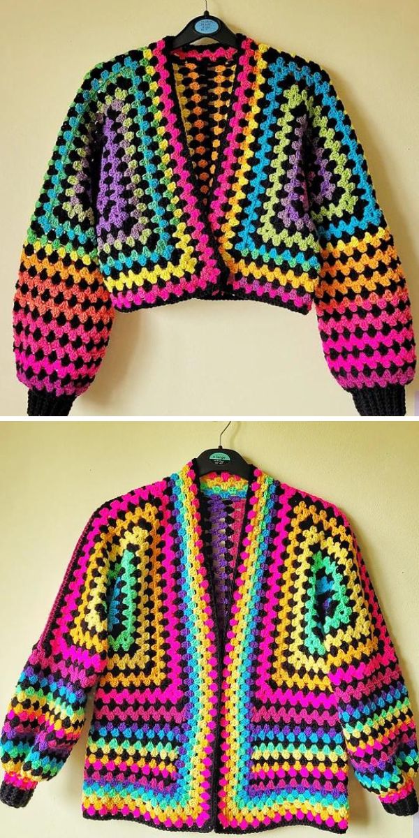 A multicolored granny square cardigan.