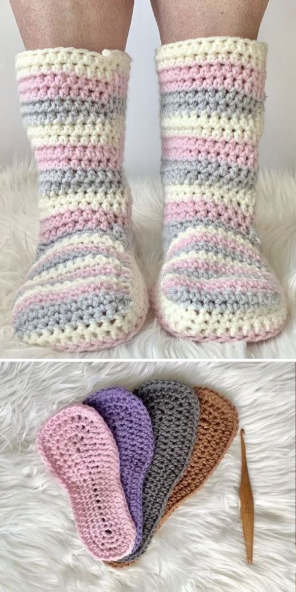 A pair of crocheted slipper boots and a crochet hook.