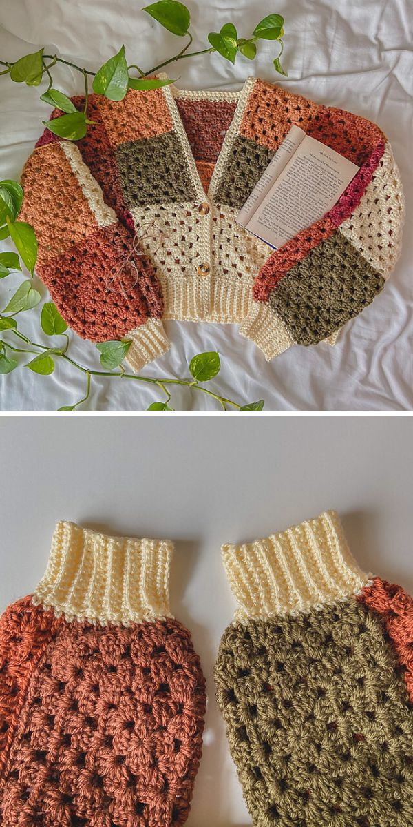A pair of crocheted granny square cardigans on a bed.