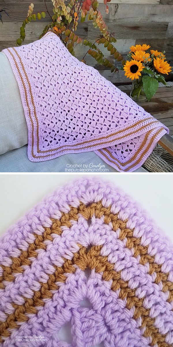 A crochet throw on a couch.