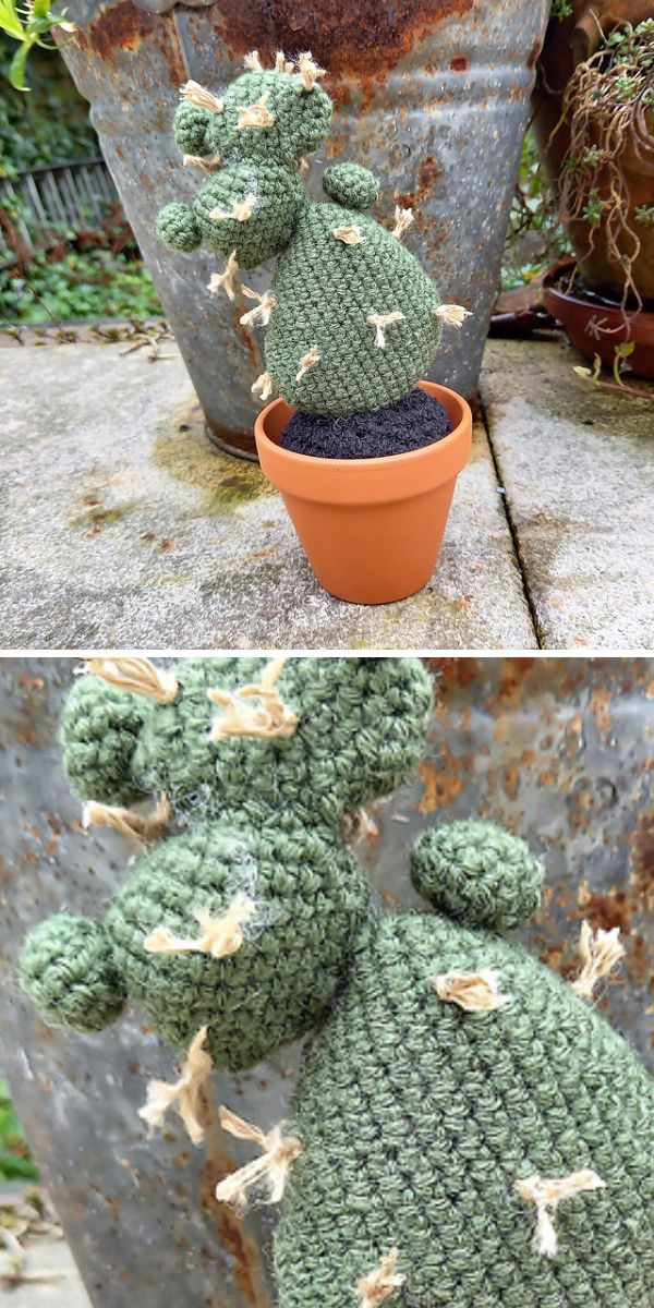 An amigurumi cactus in a pot.