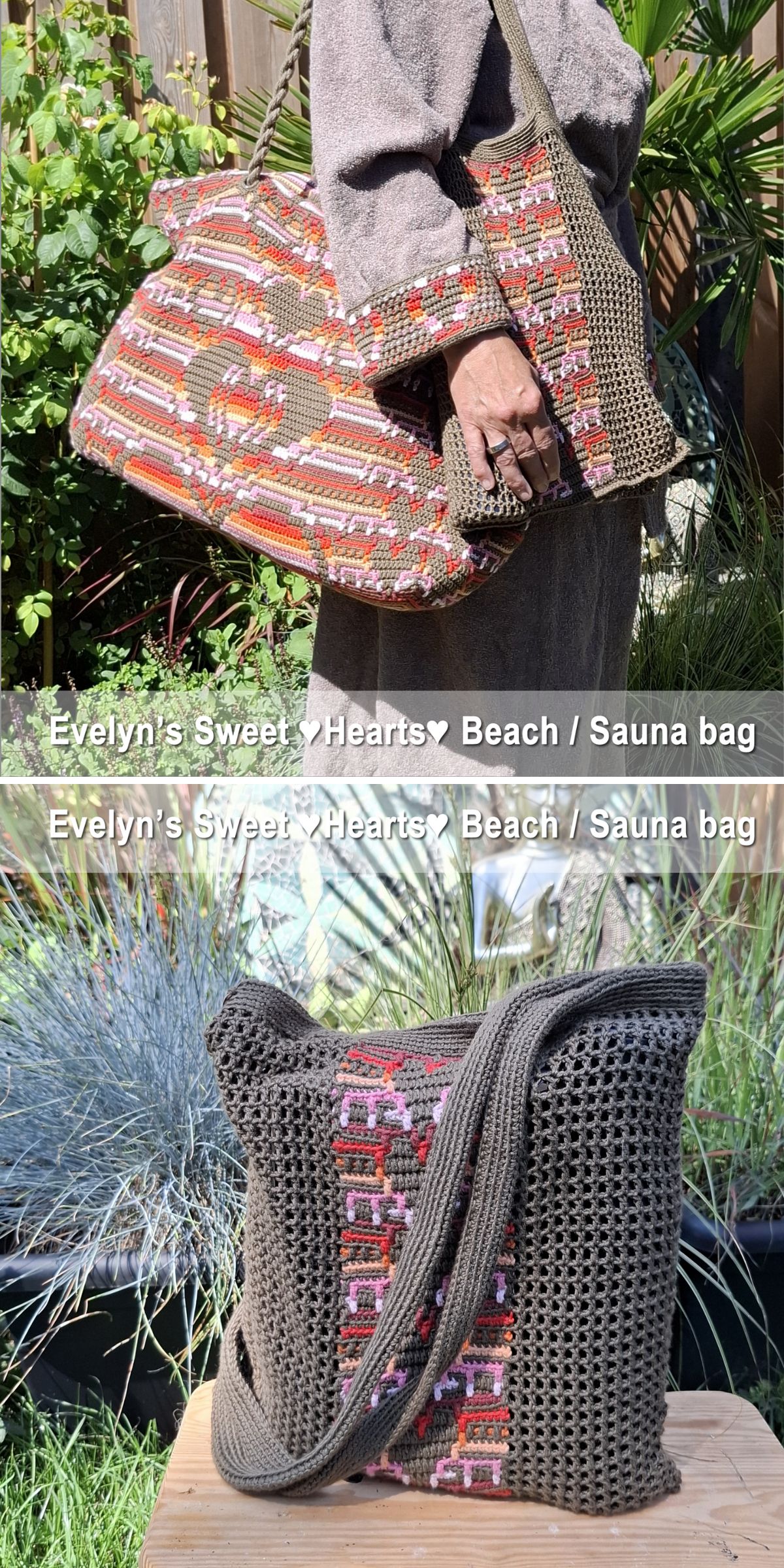 Two views of a handmade crochet bag with a geometric pattern, carried by hand and set on a wooden chair outdoors. Text reads, "Evelyn's Sweet Hearts Beach / Sauna bag." Perfect for fans of unique tapestry crochet bags.