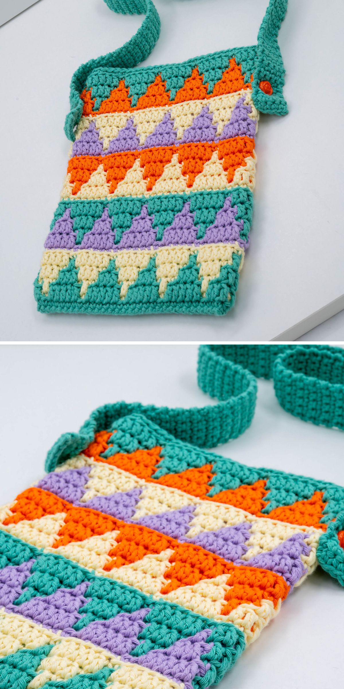 A crocheted bag with a geometric pattern in teal, orange, yellow, and purple yarn, this stylish pick from our crochet bags collection features a textured strap and button closure.