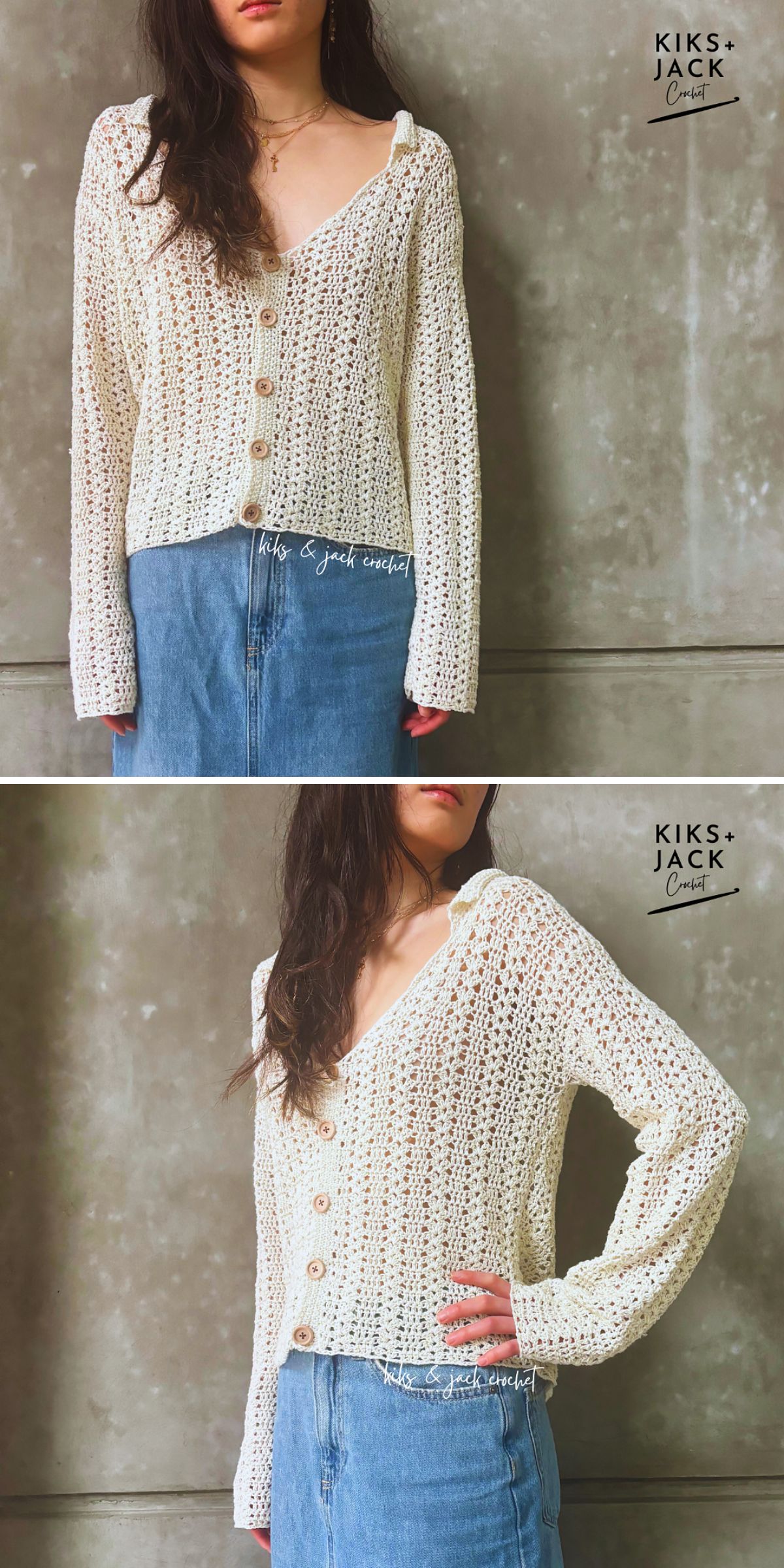 a lacy crochet cardigan with buttons in a off-white color