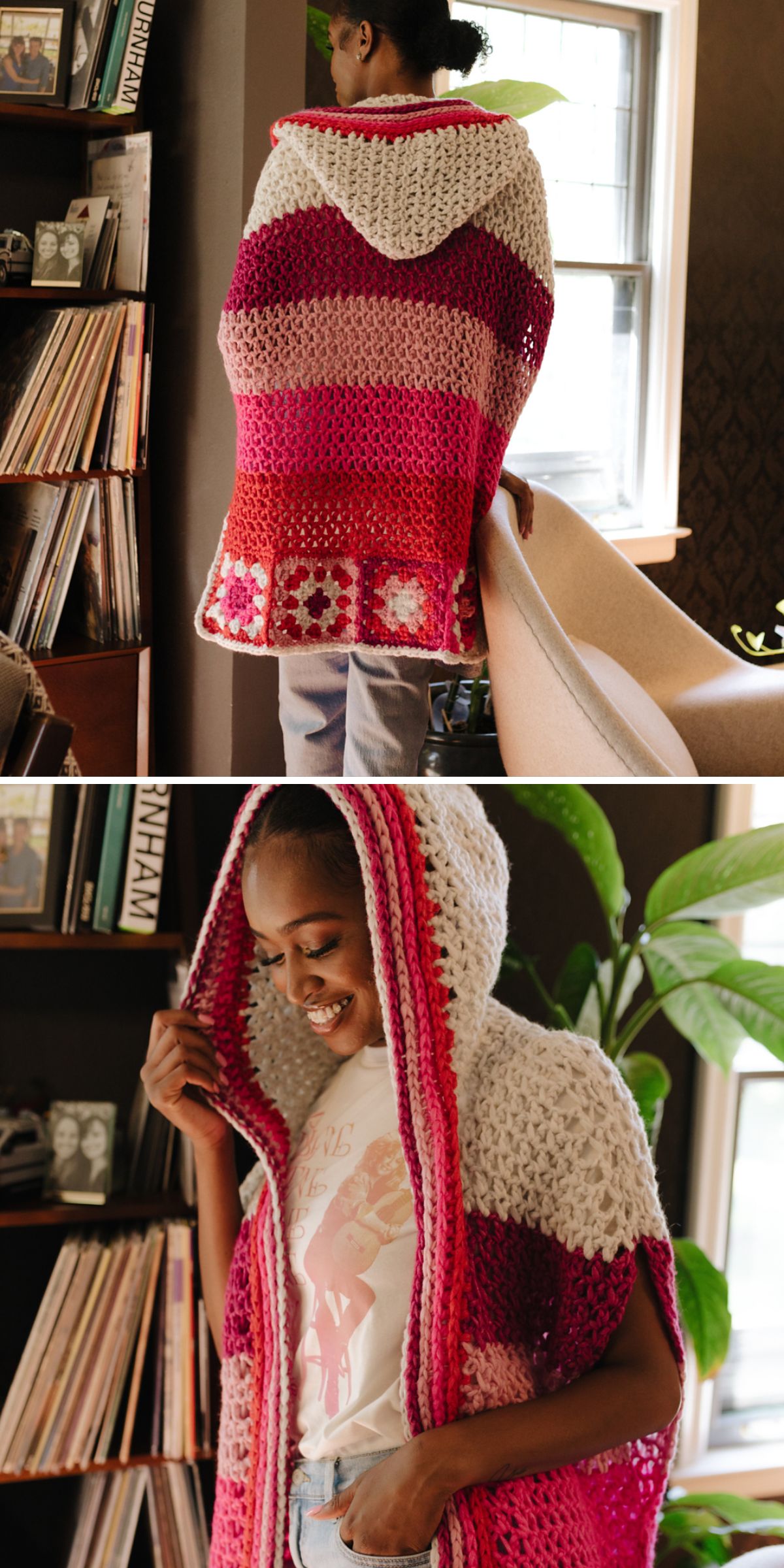 Person wearing a homemade multicolored crochet hooded shawl, reminiscent of cozy crochet ponchos for cold weather, stands indoors near a chair and a bookshelf filled with vinyl records.