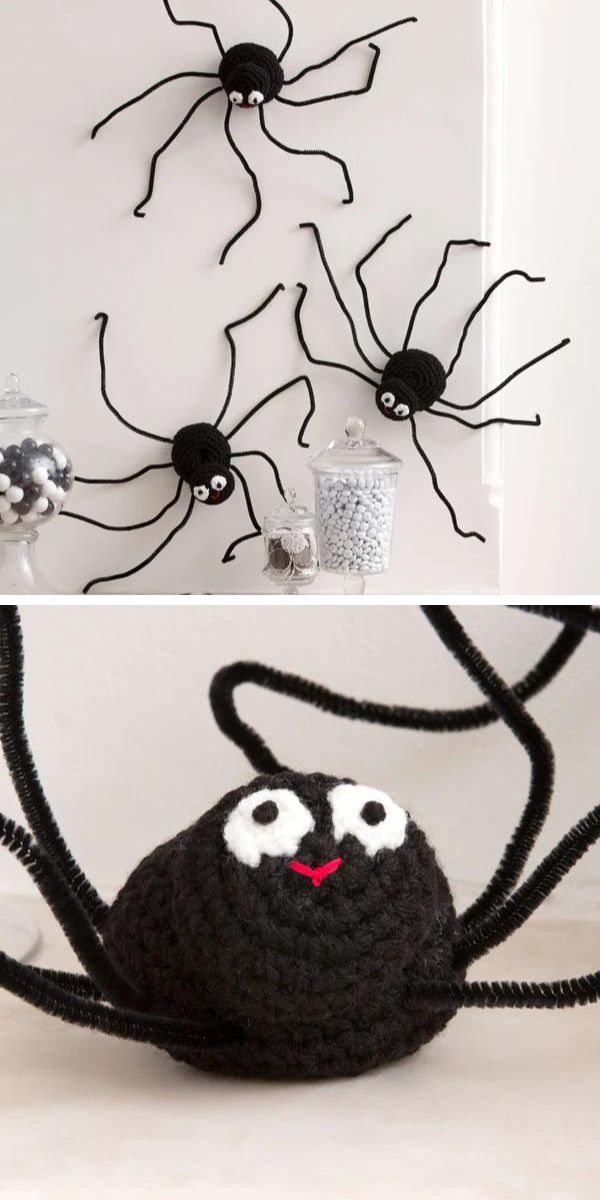 a set of black crochet spider amigurumi