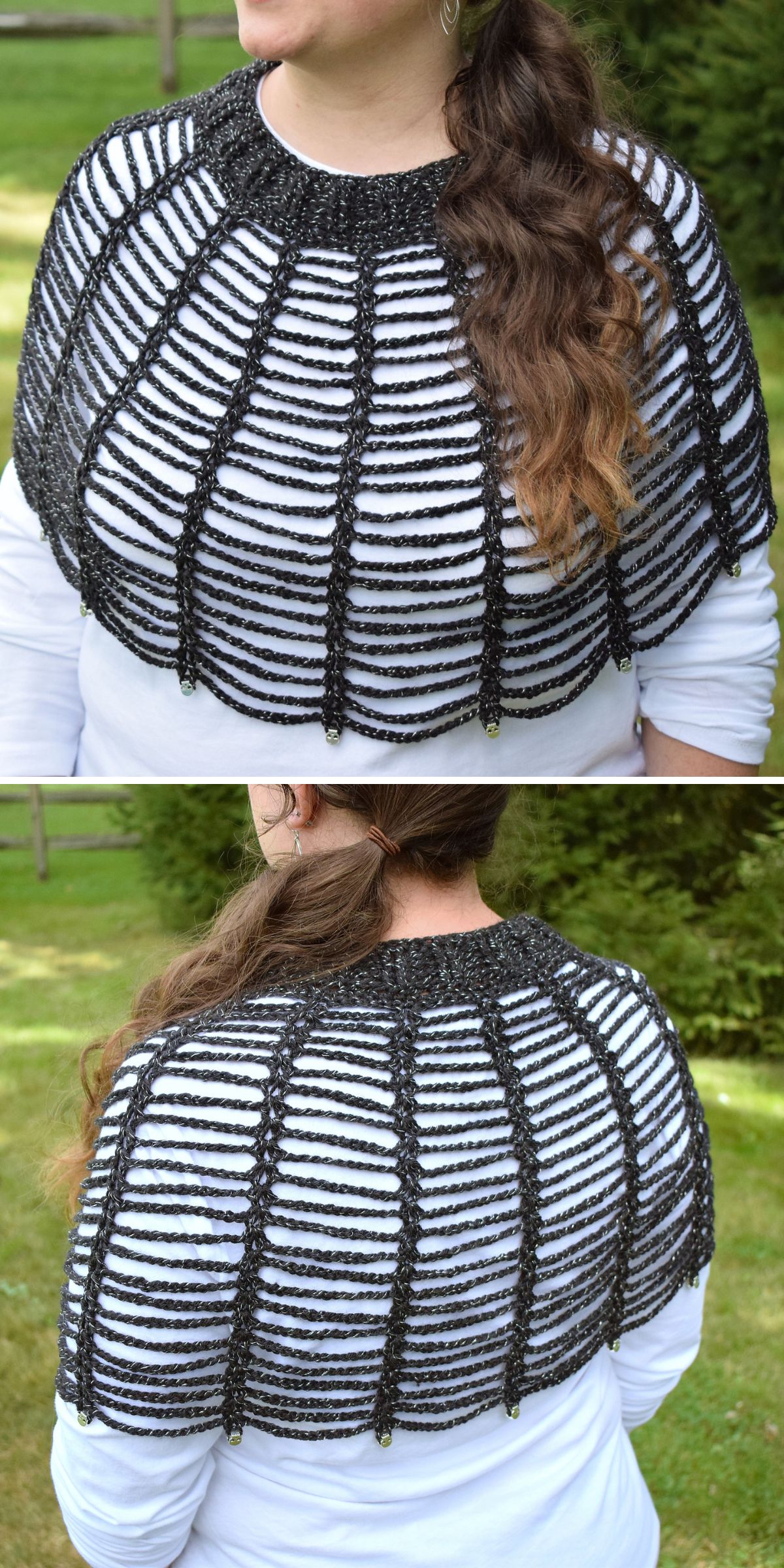 A woman showcases a black and white striped shawl, knitted with a circular design, perfect as a stylish crochet poncho for cold weather. Seen elegantly from both front and back.