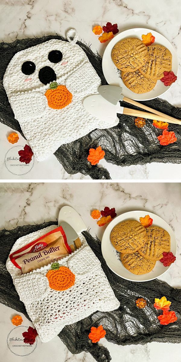 A crocheted ghost pot holder.