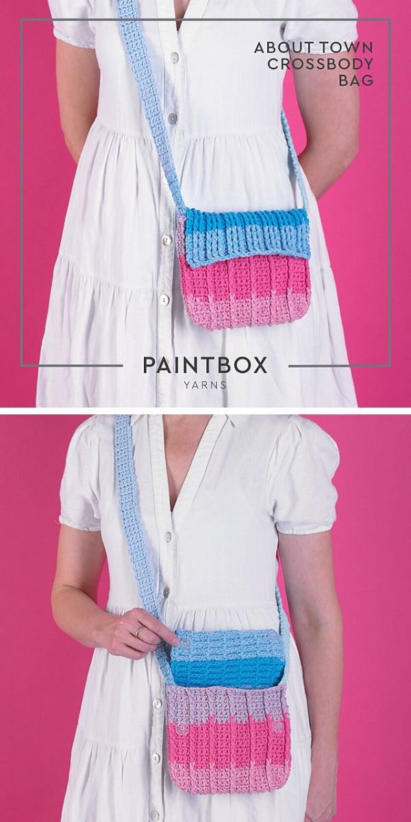 a woman wearing a crocheted crossbody bag