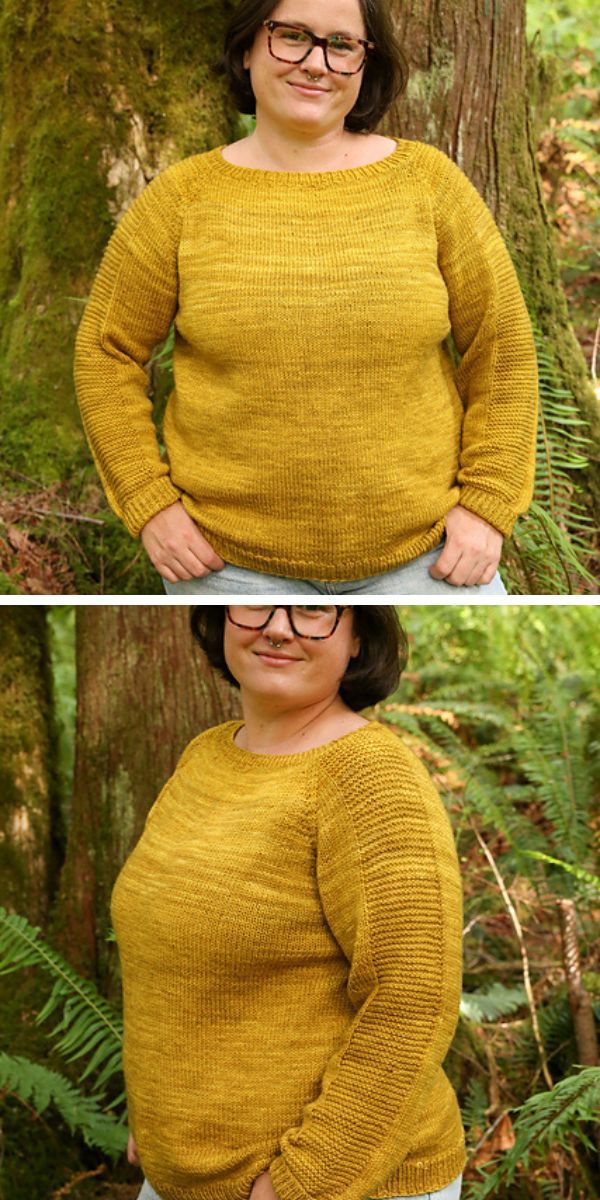 A woman wearing a knitted yellow sweater.