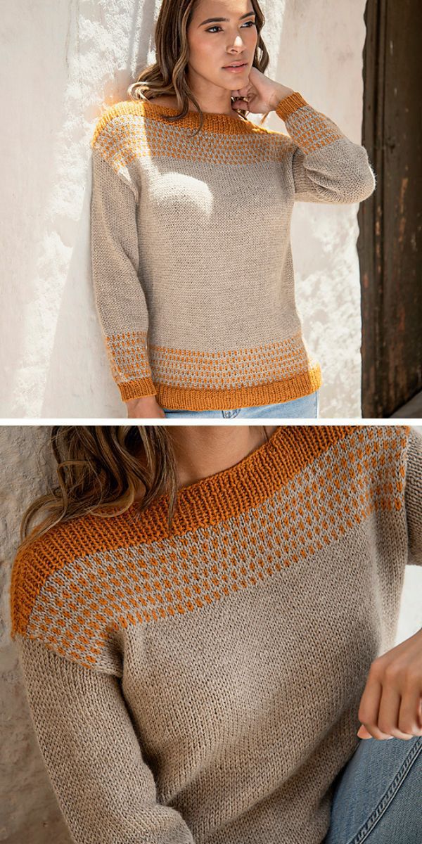 A woman wearing a knitted sweater.