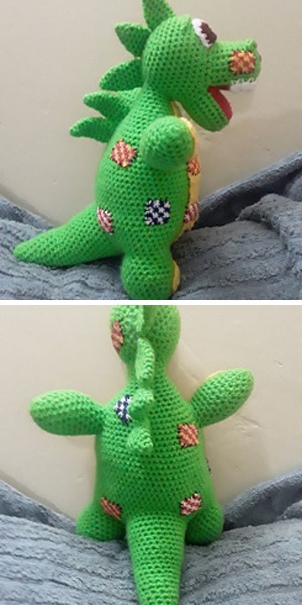 A green crocheted dragon stuffed animal.