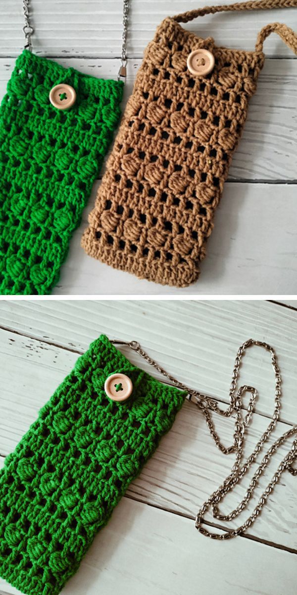 a green and brown crochet pouches