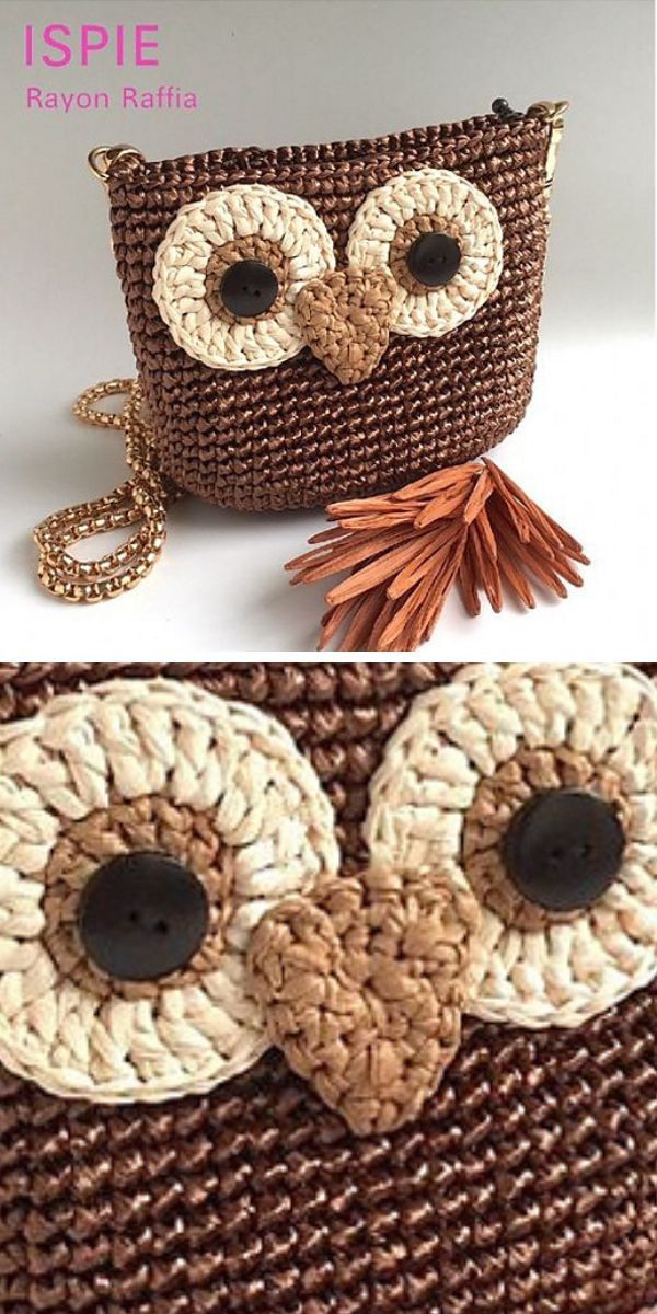 A crochet bag with a brown owl on it.
