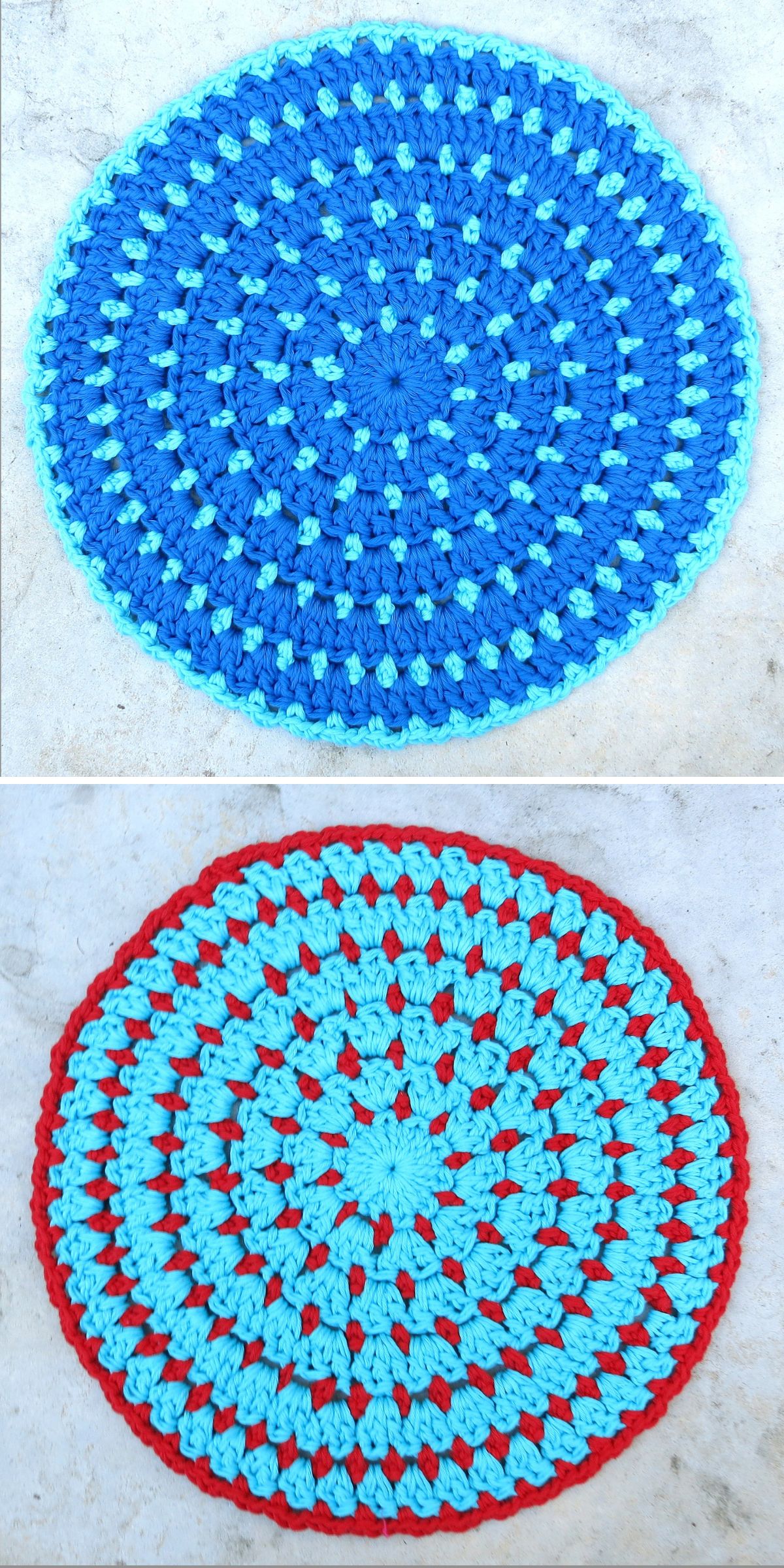 a round crochet placemat that has a bold vibrant design in two colors
