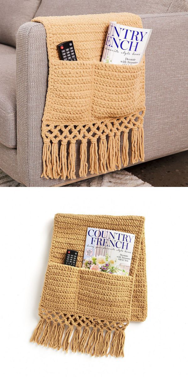 A homey crochet sofa caddy on a cozy couch.